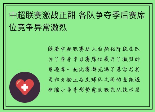 中超联赛激战正酣 各队争夺季后赛席位竞争异常激烈