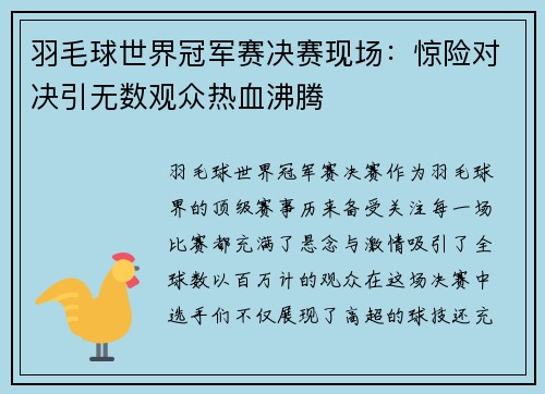 羽毛球世界冠军赛决赛现场：惊险对决引无数观众热血沸腾